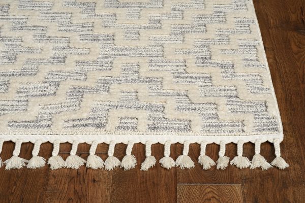 8' Ivory Grey Machine Woven Geometric With Fringe Indoor Runner Rug - Image 3