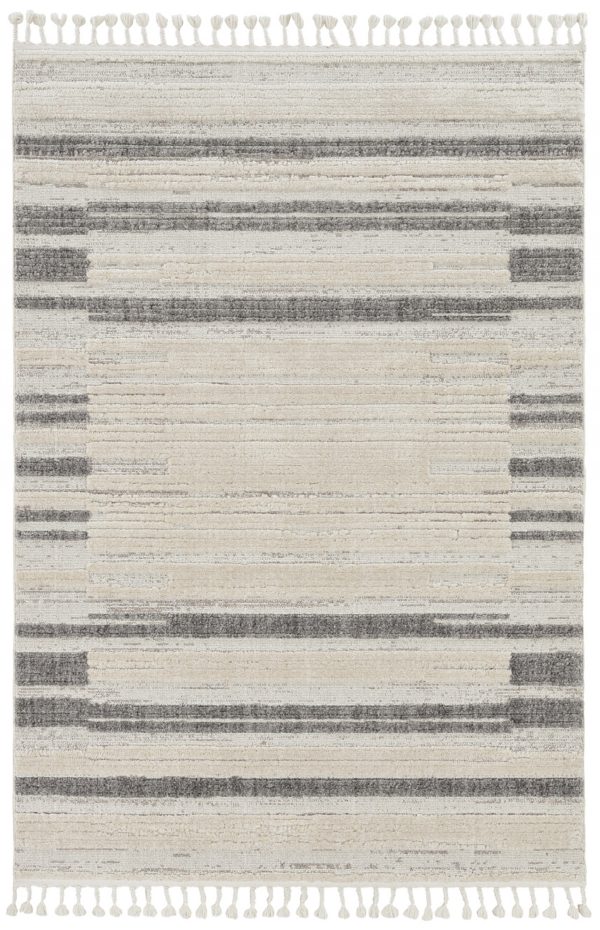 8' Ivory Grey Machine Woven Abstract Lines With Fringe Indoor Runner Rug - Image 2