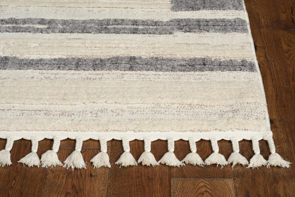 8' Ivory Grey Machine Woven Abstract Lines With Fringe Indoor Runner Rug - Image 3