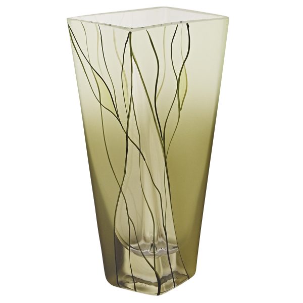 8 Mouth Blown European Made Green Glass Hand Decorated Squarish Vase - Image 3