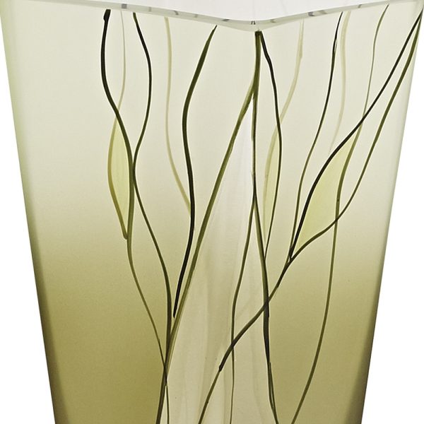 8 Mouth Blown European Made Green Glass Hand Decorated Squarish Vase - Image 4