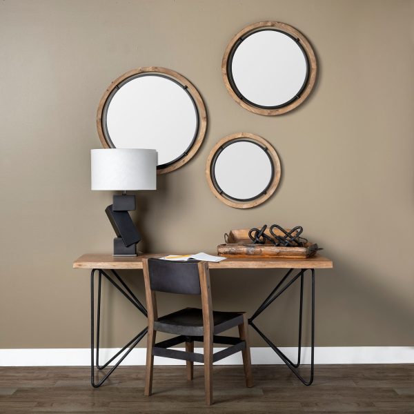 19" Brown Wood and Black Metal Frame Wall Mirror - Image 5