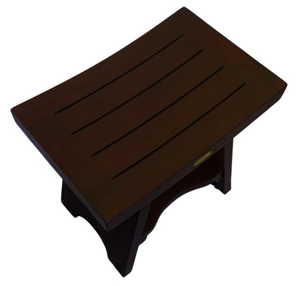 Compact Curviliniear Teak Shower Outdoor Bench with Shelf in Brown Finish - Image 3