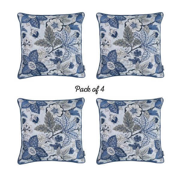 Set of 4 Square Blue and Beige Floral Pillow Covers - Image 2