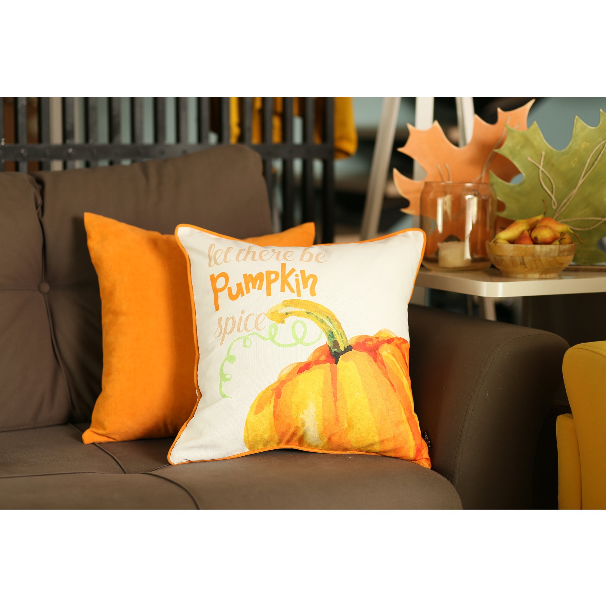 Set of Four 18" Orange and White Pumpkin Spice Throw Pillow Covers