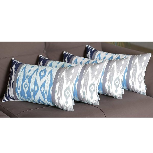 Set of 4 Aqua Blue and Gray Ikat Lumbar Pillow Covers - Image 4