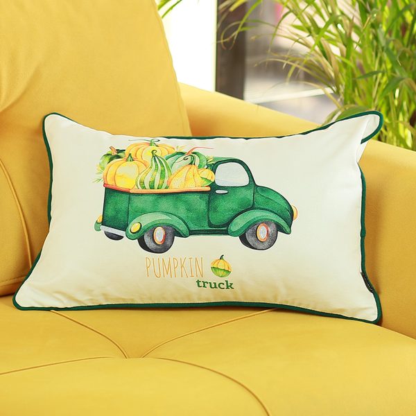 Set of Four 20" Green Pumpkin Pick Up Truck Lumbar Pillow Covers - Image 2