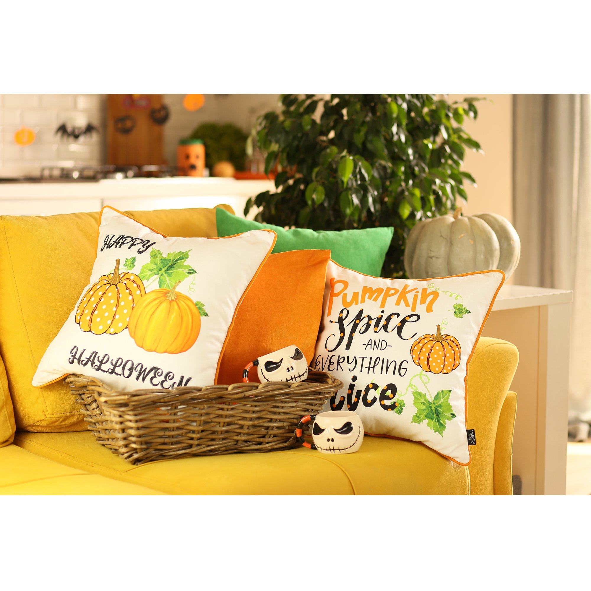 Set of Four 18" Orange Green Pumpkin Halloween Throw Pillow Covers