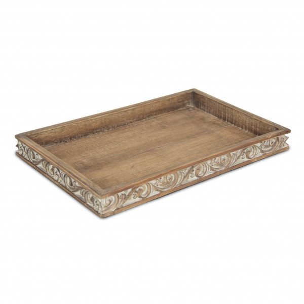 Distressed Finish Wood Tray with Side Carvings - Image 2