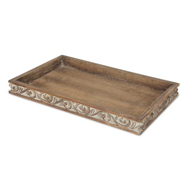 Distressed Finish Wood Tray with Side Carvings - Image 3