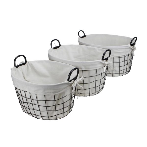 Set of 3 Oval White Lined and Metal Wire Baskets with Handles - Image 3