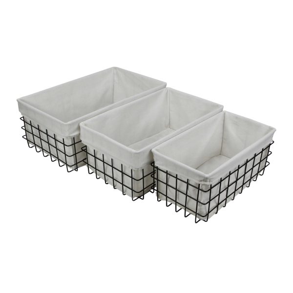 Set of 3 Rectangular White Lined and Metal Wire Baskets - Image 2