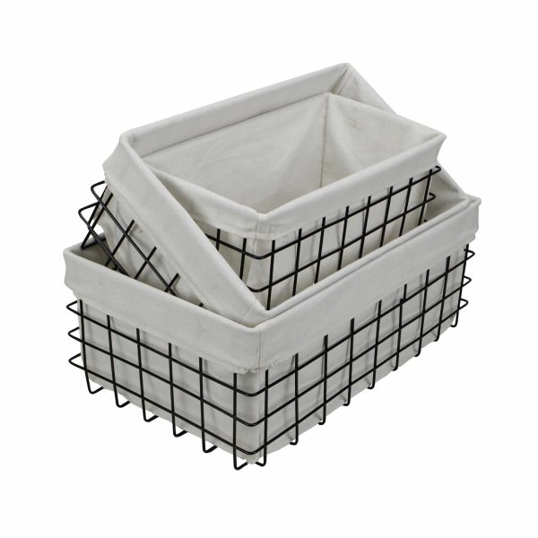 Set of 3 Rectangular White Lined and Metal Wire Baskets - Image 3