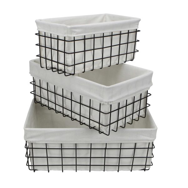 Set of 3 Rectangular White Lined and Metal Wire Baskets - Image 4