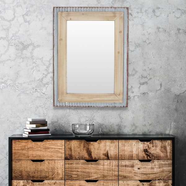 Glavanized Metal and Wood Rectangular Frame Wall Mirror - Image 5