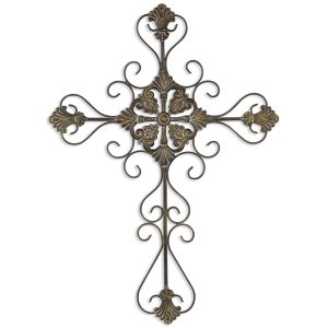 29" Gray Metal Scroll Design Gray Hanging Cross Wall Decor