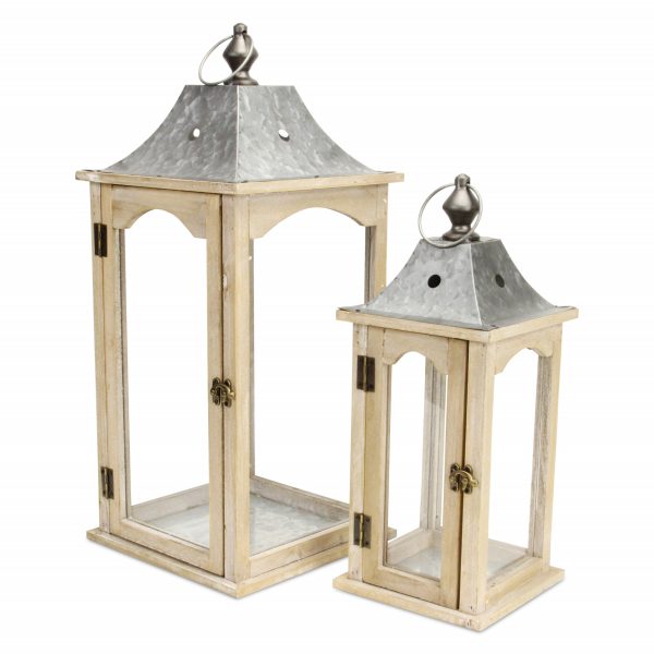 Set of 2 Brown Wood finished Frame Glass and Metal Top Lanterns - Image 2