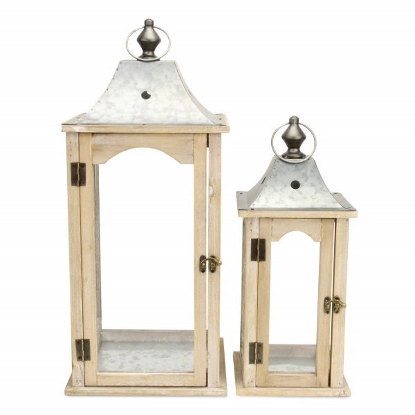 Set of 2 Brown Wood finished Frame Glass and Metal Top Lanterns - Image 3