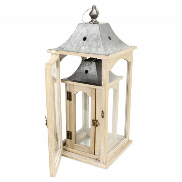 Set of 2 Brown Wood finished Frame Glass and Metal Top Lanterns - Image 4