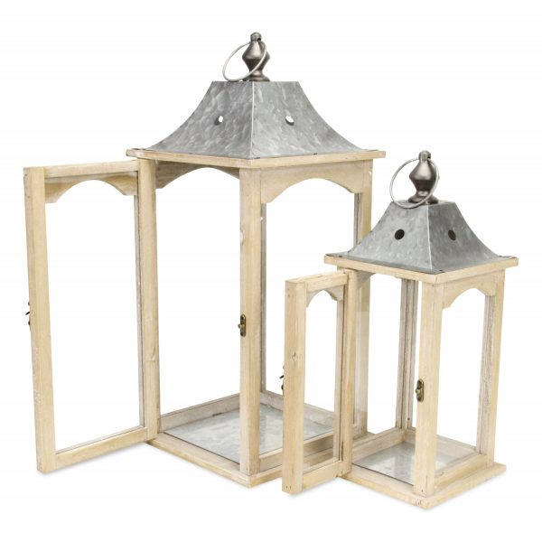 Set of 2 Brown Wood finished Frame Glass and Metal Top Lanterns - Image 5