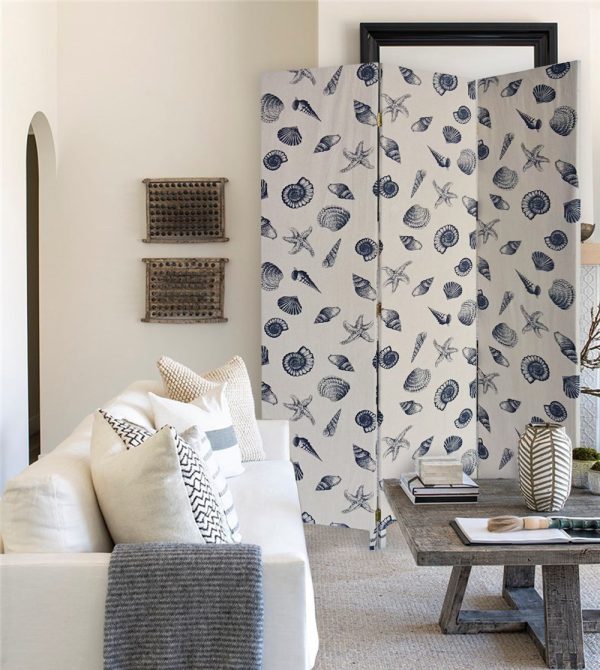 3 Panel Beige and Blue Soft Fabric Finish Room Divider - Image 3