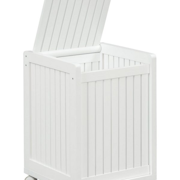 White Solid Wood Rolling Laundry Hamper with Lid - Image 2