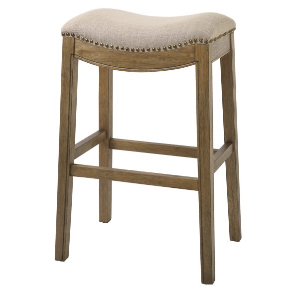 Bar Height Saddle Style Counter Stool with Cream Fabric and Nail head Trim - Image 3