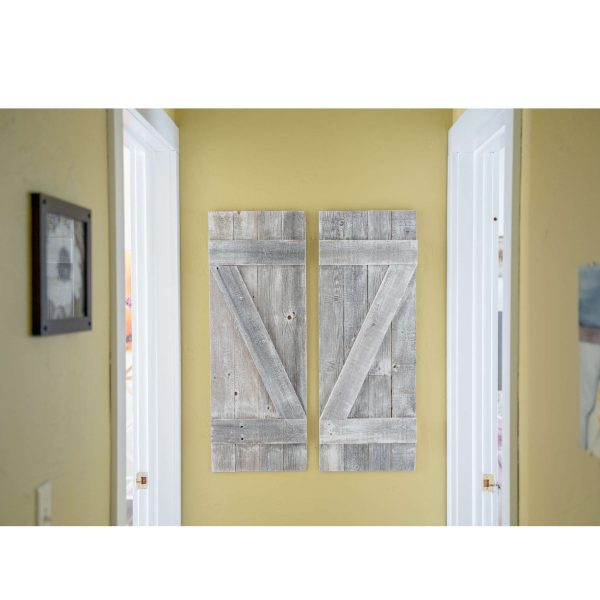 Set of Two Rustic Weathered Grey Wood Decorative Window Shutters - Image 2