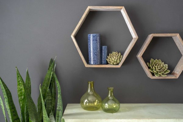 Set of 3 Hexagon Rustic Natural Weathered Grey Wood Open Box Shelve - Image 3