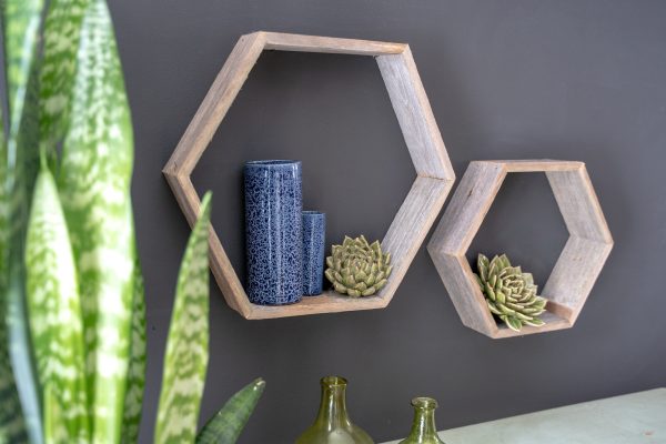 Set of 3 Hexagon Rustic Natural Weathered Grey Wood Open Box Shelve - Image 4