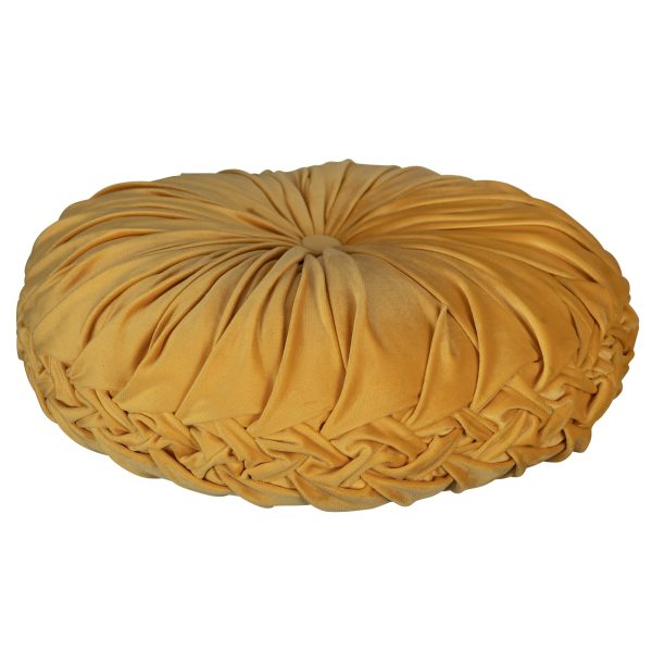 Dark Yellow Round Tufted Velvet Pillow - Image 3