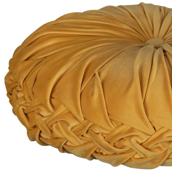 Dark Yellow Round Tufted Velvet Pillow - Image 4