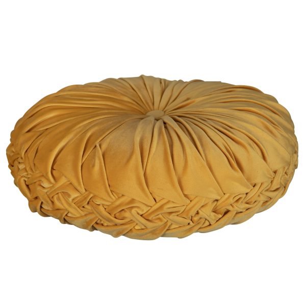 Dark Yellow Round Tufted Velvet Pillow - Image 2