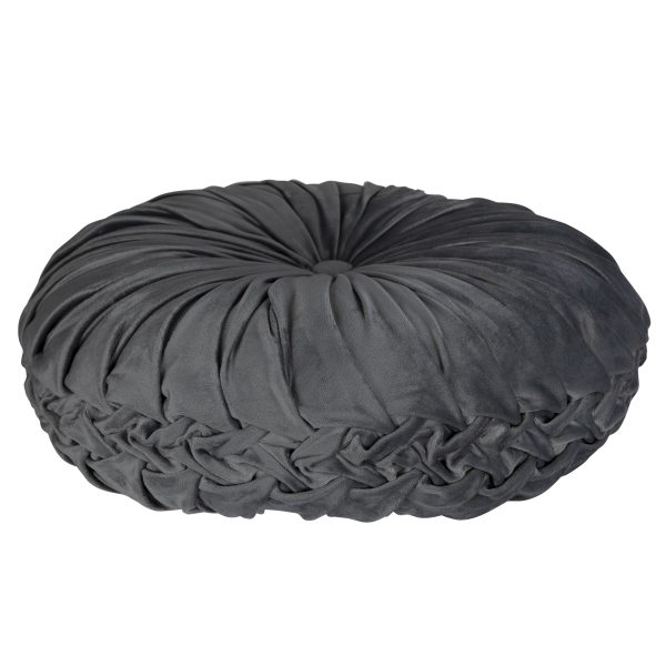Grey Round Tufted Velvet Pillow - Image 3