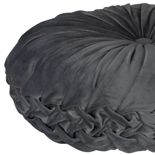 Grey Round Tufted Velvet Pillow - Image 4