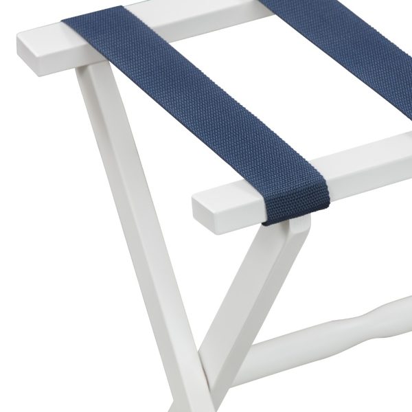 Hotel White Finish Wood Folding Luggage Rack with Navy Straps - Image 2