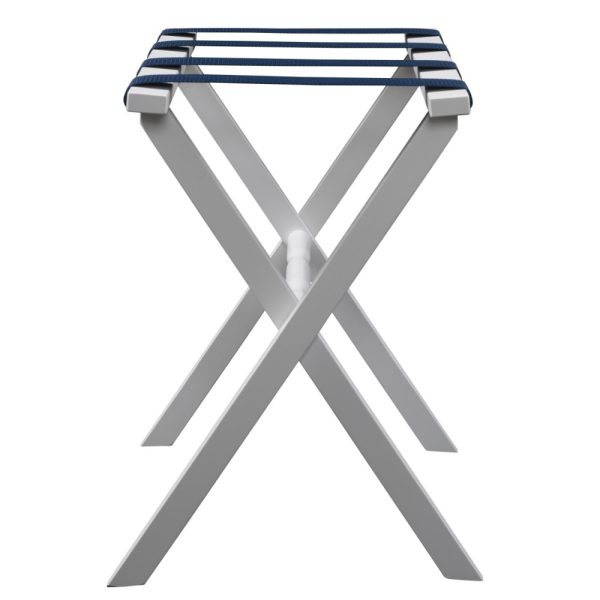 Hotel White Finish Wood Folding Luggage Rack with Navy Straps - Image 3