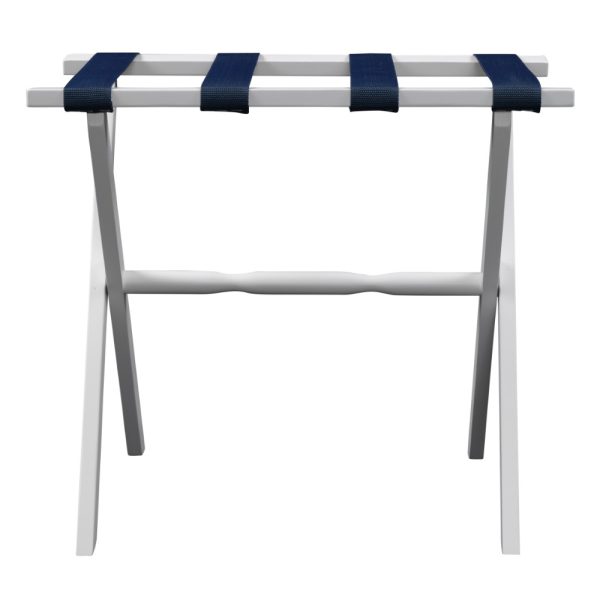 Hotel White Finish Wood Folding Luggage Rack with Navy Straps - Image 4