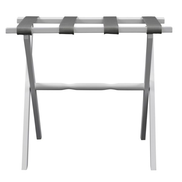 Hotel White Finish Wood Folding Luggage Rack with Gray Straps - Image 4