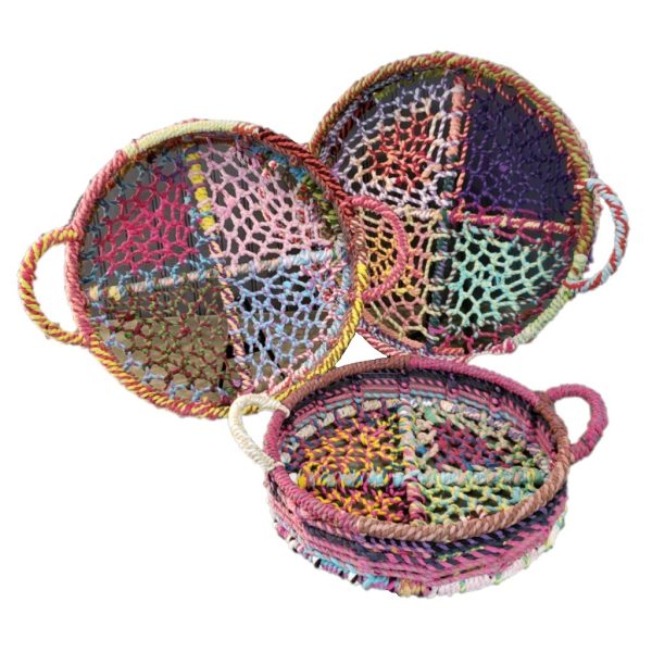 Handmade Set of 3 Rainbow Round Nesting Jute Trays - Image 5