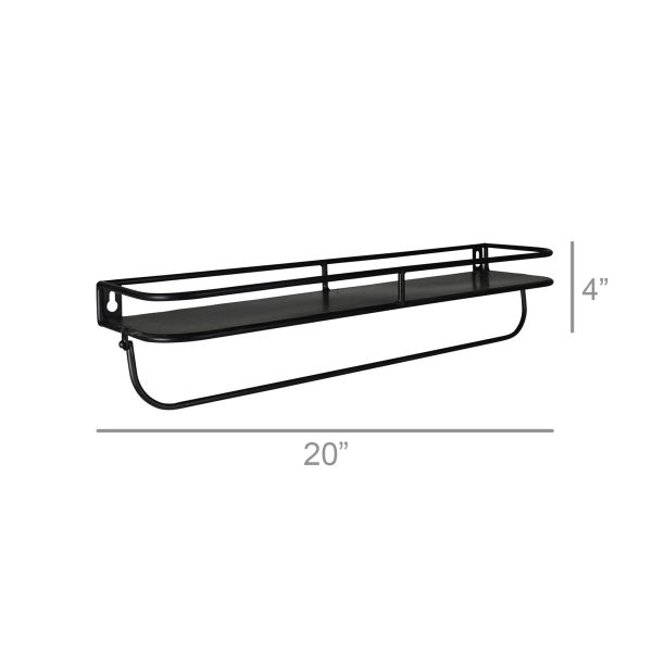 20" Black Rectangular Wall Mounted Iron Shelf with Hanging Bar - Image 2