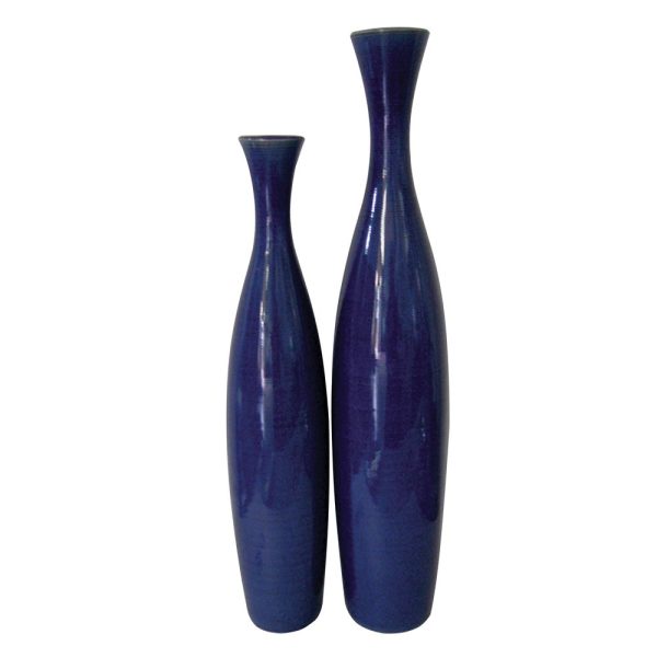 Set of 2 Deep Indigo Blue Ceramic Tall Thin Vases - Image 3