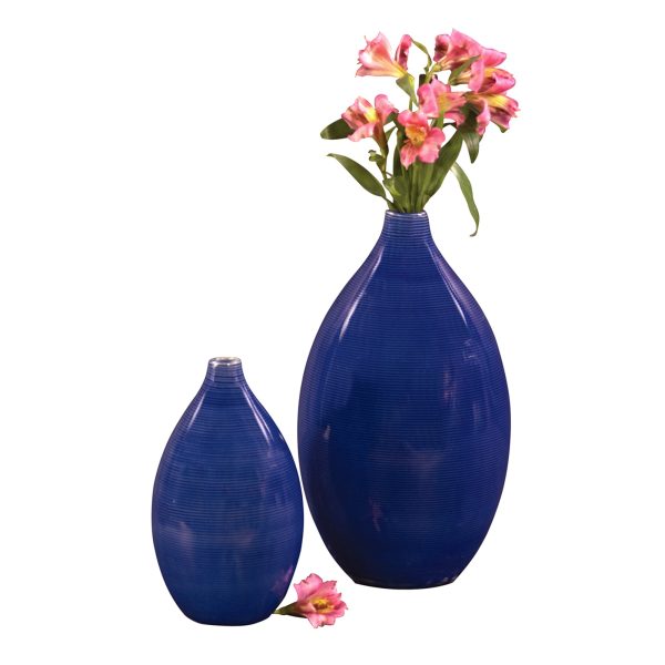 Set of 2 Deep Indigo Blue Ceramic Bulb Vases - Image 5