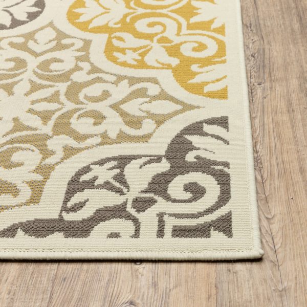 8' Ivory Grey Floral Medallion Indoor Outdoor Area Runner Rug - Image 3