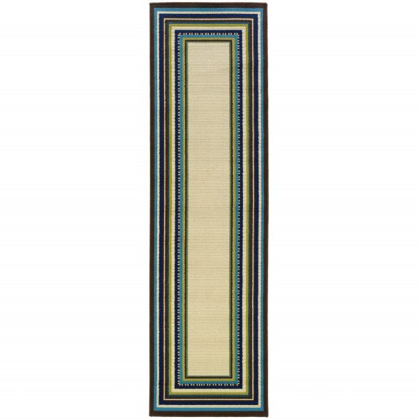 8' Ivory Mediterranean Blue and Lime Border Indoor Outdoor Runner Rug