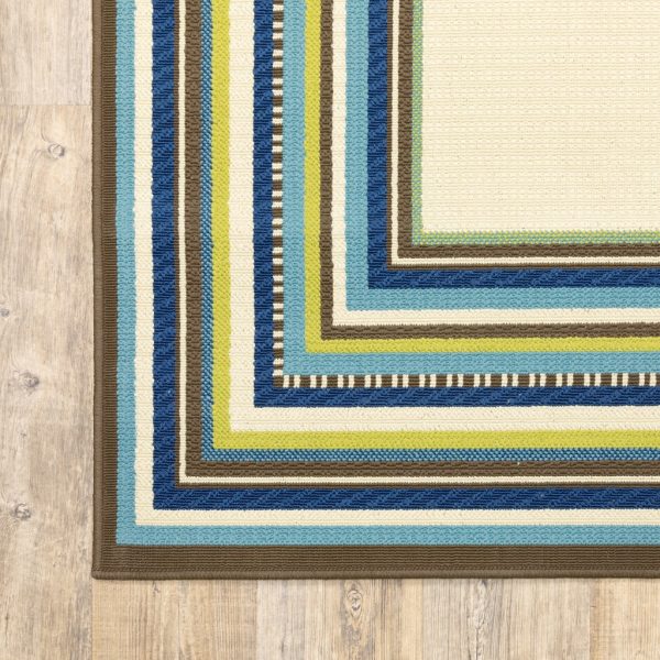 8' Ivory Mediterranean Blue and Lime Border Indoor Outdoor Runner Rug - Image 3