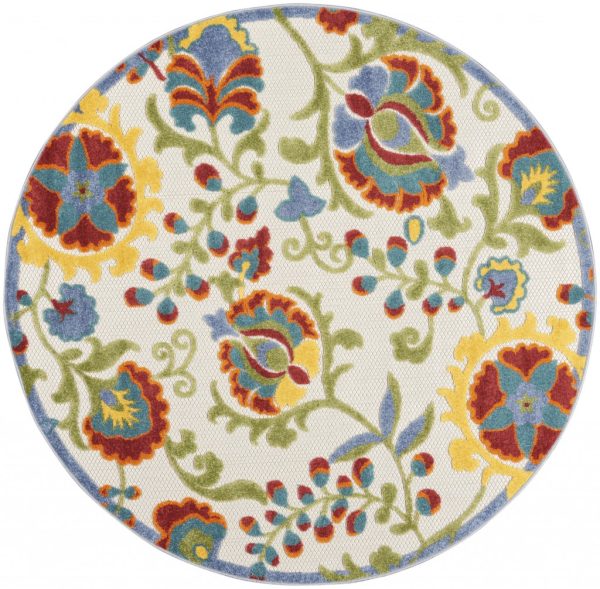 4?Round Ivory Multi Floral Indoor Outdoor Area Rug