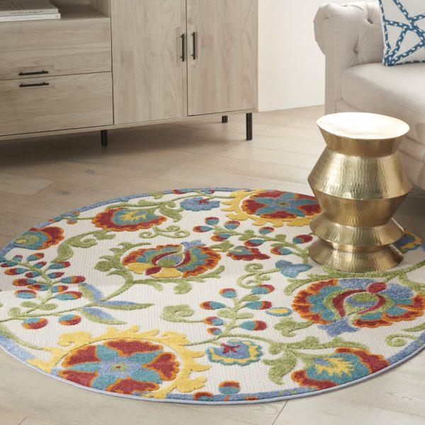 5?Round Ivory Multi Floral Indoor Outdoor Area Rug - Image 2