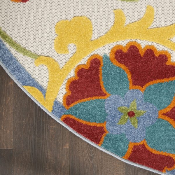 5?Round Ivory Multi Floral Indoor Outdoor Area Rug - Image 4
