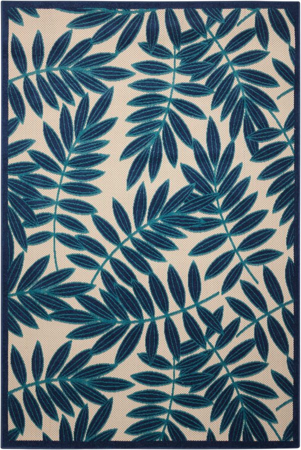 5?x 8?Navy and Beige Leaves Indoor Outdoor Area Rug